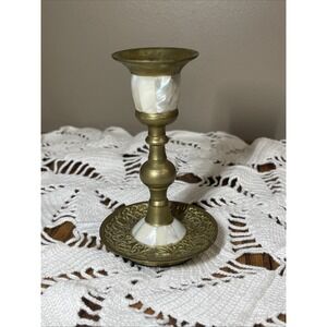 Vintage Mother of Pearl Brass Candlestick Holder Gold Detailed